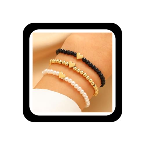 Wendalern 3 Stück Herz Armbänder Stapelbar Runde Kugel Perlen Armbänder Mehrlagig Liebe Herz Reize Dehnbar Armband Einstellbar Elastische Handgelenk Band Hand Schmuck Für Frauen von Wendalern