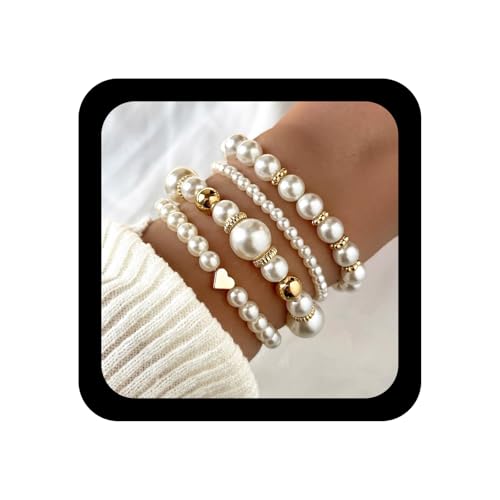 Wendalern 4 Stück Herz Perle Perlen Armband Set Stapelbar Elastische Armbänder Mehrschichtige Simulierte Perle Strang Stretch Armreifen Hochzeit Handgelenk Schmuck Geschenke Für Frauen von Wendalern