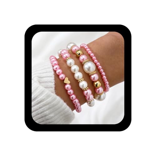Wendalern 4 Stück Herz Perle Perlen Armband Set Stapelbar Elastische Armbänder Mehrschichtige Simulierte Perle Strang Stretch Armreifen Hochzeit Handgelenk Schmuck Geschenke Für Frauen von Wendalern