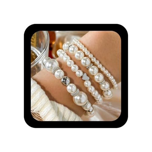 Wendalern 4 Stück Herz Perle Perlen Armband Set Stapelbar Elastische Armbänder Mehrschichtige Simulierte Perle Strang Stretch Armreifen Hochzeit Handgelenk Schmuck Geschenke Für Frauen von Wendalern