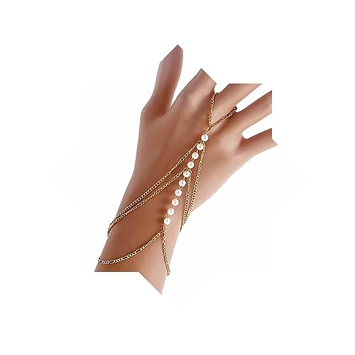 Wendalern Handkette Für Frauen Geschichtet Perle Fingerring Armband Boho Sklavenarmband Handgeschirr Kette Nachahmung Perlenkette Ring Schmuck Für Mädchen von Wendalern