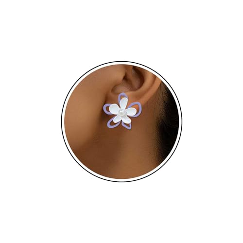 Wendalern Asymmetrische Blume Perle Ohrstecker Lila Weiß Kontrast Blume Ohrringe Vintage Matte Floral Ohrringe Mismatch Blume Perle Aussage Ohrringe Brautschmuck Für Frauen Und Mädchen von Wendalern