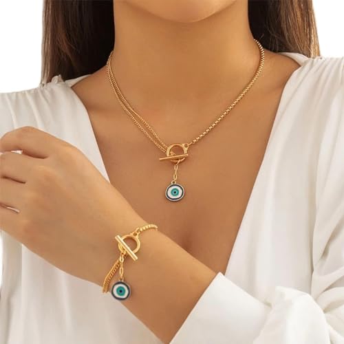 Wendalern Böses Auge Halskette Armband Set Zierliche Blaue Auge Halskette OT Schnalle Böses Auge Armband Gold Box Kette Dämonen Auge Schmuck Set Halloween Kostüm für Frauen von Wendalern