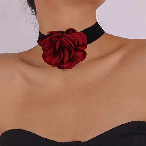 Wendalern Boho Black Velvet Choker Halskette Red Flower Halskette 3D Rose Halskette Elastic Satin Halsband Halskette Big Flower Übertrieben Halskette Schmuck für Frauen Mädchen Cosplay Halskette von Wendalern