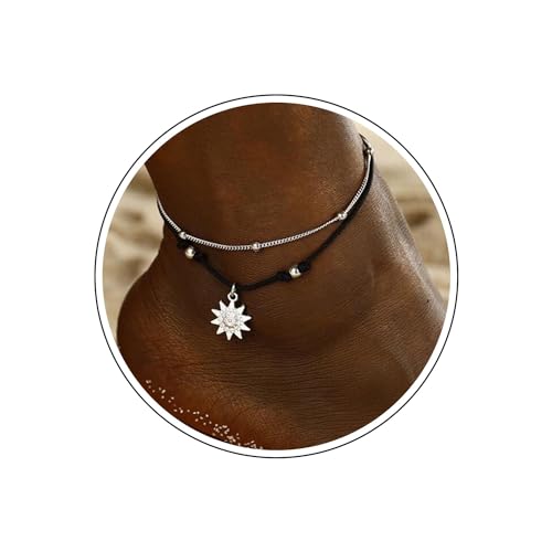 Wendalern Boho Geschichtet Sonne Fußkettchen Silber Satellit Knöchel Armbänder Schwarz Gewebtes Seil Strand Fußkettchen Geflochtene Wrap Fußkettchen Fußkette Schmuck Für Frauen Und Mädchen von Wendalern