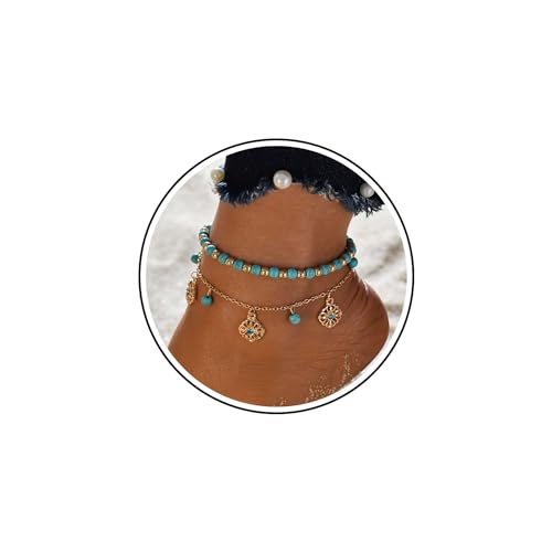 Wendalern Boho Geschichtet Türkis Fußkettchen Blau Perlen Strand Fußkettchen Armbänder Gold Türkis Quaste Fußkettchen Vintage Hohle Blume Fußkettchen Fußkette Schmuck Für Frauen Mädchen von Wendalern