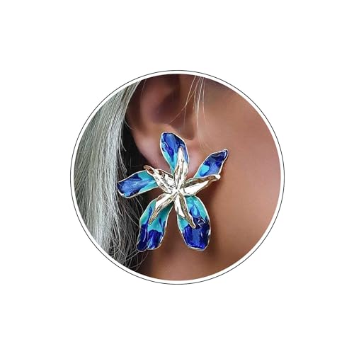 Wendalern Boho Große Blume Ohrstecker Blau Floral Emaille Ohrringe Übertrieben Blume Blütenblatt Baumeln Tropfen Ohrringe Metall Textur Blume Aussage Ohrringe Schmuck Für Frauen Und Mädchen von Wendalern
