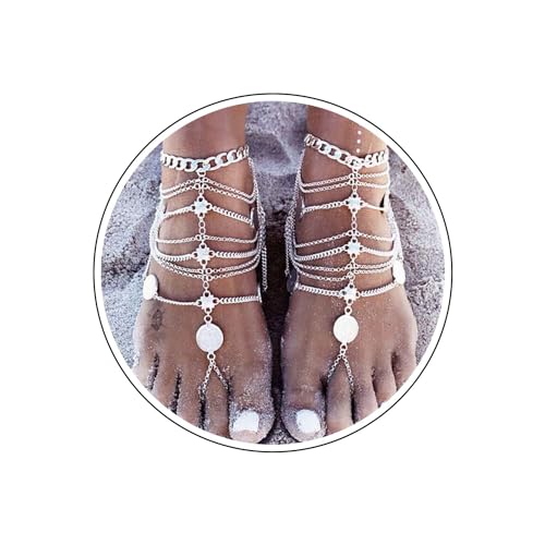 Wendalern Boho Layered Coin Anklets Vintage Coin Toe Ring Ankle Bracelets Silver Tassel Anklet Gypsy Beach Barefoot Sandals Anklet Foot Chain Jewelry For Women And Girls (1 Pcs) von Wendalern