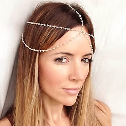 Wendalern Boho Layered Pearl Head Chain Hairband Vintage Pearl Hair Chain Headpieces Pearl Wedding Hair Piece Gold Pearl Headwear Dekorativer Haarschmuck für Frauen und Mädchen von Wendalern