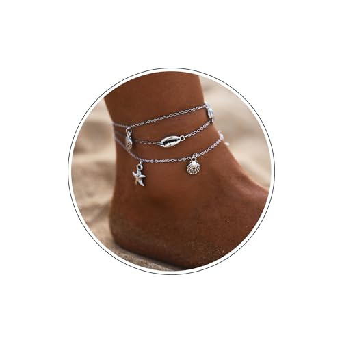 Wendalern Boho Muschel Seestern Fußkettchen Geschichtete Schildkrötenpanzer Fußkettchen Armbänder Mehrschichtiges Kauri Fußkettchen Silber Jakobsmuschel Fußkette Fußkettchen Schmuck für Frauen Mädchen von Wendalern