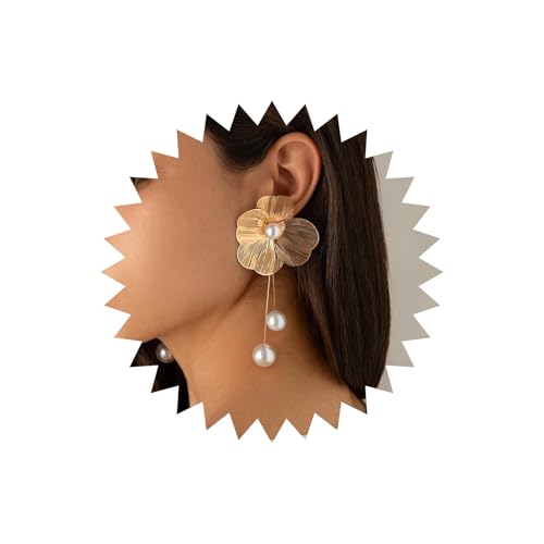 Wendalern Boho Perle Blume Ohrstecker Perlenkette Tropfen Ohrringe Große Ginkgo Blume Ohrringe Faux Perle Blütenblatt Floral Aussage Ohrringe Metallische Textur Blume Ohrringe Schmuck Für Frauen von Wendalern