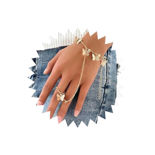 Wendalern Boho Schmetterling Ring Handkette Gold - Schmetterlinge Hand Kette Armband - Winziger Schmetterling Finger Ring - Vintage Sklave Hand Harness Schmuck Für Frauen Mädchen von Wendalern