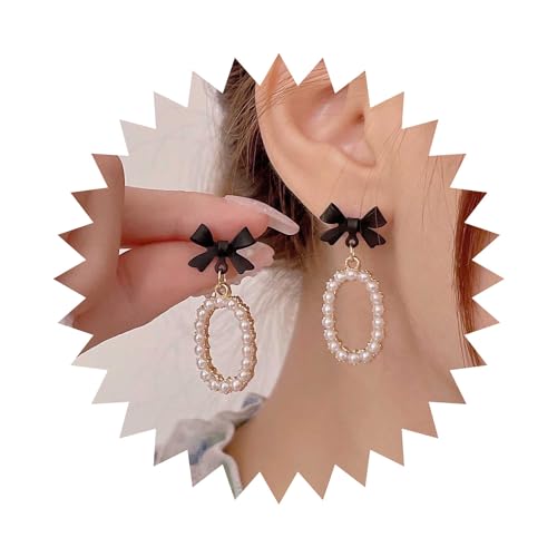 Wendalern Boho Schwarzer Bogen Ohrstecker Winzige Perle Runden Kreis Baumeln Ohrringe Faux Perle Hoop Drop Ohrringe Vintage Bowknot Aussage Ohrringe Schmuck Für Frauen Mädchen von Wendalern