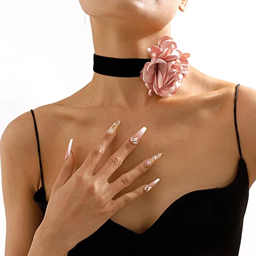 Wendalern Boho Schwarzer Samt Choker Halskette 3d Rosa Rose Blume Halskette Satin Floral Kragen Halskette Übertrieben Große Blume Halskette Cosplay Geschenke Schmuck Für Frauen Mädchen von Wendalern