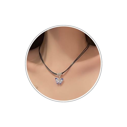 Wendalern Boho Silber Schmetterling Choker Halskette geschichtet schwarzes Leder Seil Halskette CZ Schmetterling Anhänger Halskette niedlich Emaille Schmetterling Halskette Kette Schmuck für Frauen von Wendalern