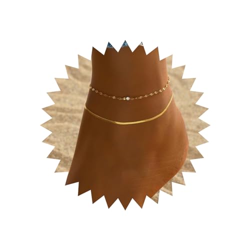 Wendalern Boho Solitär Knöchel Armbänder Cubic Zirkonia Link Kette Fußkettchen Geschichtet Flache Schlange Kette Fischgrät Fußkettchen Niedlich Fußkettchen Set Sommer Strand Fußschmuck Für Frauen von Wendalern