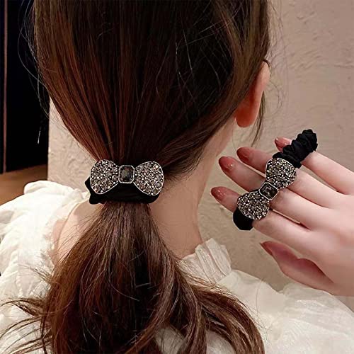 Wendalern Boho Strass Pferdeschwanzhalter Bowknot Pferdeschwanz Haargummi Geometrische Elastische Haargummis Schwarze Kristallhaarseile Dekorativer Haarschmuck für Frauen und Mädchen von Wendalern