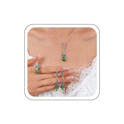 Wendalern Boho Teardrop Halskette Ring Ohrringe Gemischtes Set Smaragd Träne Baumeln Ohrringe Grüner Kristall Wassertropfen Anhänger Halskette Nachahmung Edelstein Band Ring Brautschmuck Für Frauen von Wendalern