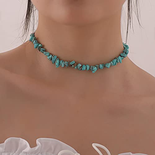 Wendalern Boho Türkis Choker Halskette Unregelmäßige Türkis Halsketten Silber Türkis Halsketten Kette Kurzer Blauer Stein Halskette Schmuck für Frauen und Mädchen von Wendalern