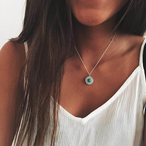 Wendalern Boho Türkis Sonne Anhänger Halskette Silber Türkis Edelstein Halskette Sonnenblume Choker Halskette Blau Perlenkette Halskette Schmuck für Frauen und Mädchen von Wendalern