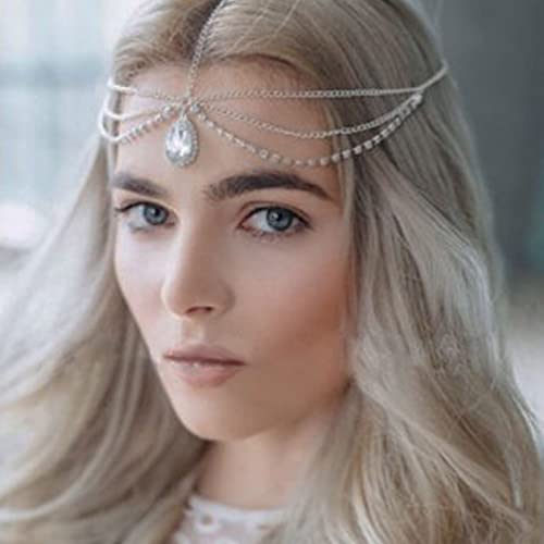 Wendalern Boho geschichtete Strass Kopfkette Vintage Crysatal Kopfschmuck Silber Braut Kopfkette Wassertropfen Kristall Stirnkette Zigeuner Kopfschmuck Halloween Prom Haarschmuck für Frauen Mädchen von Wendalern