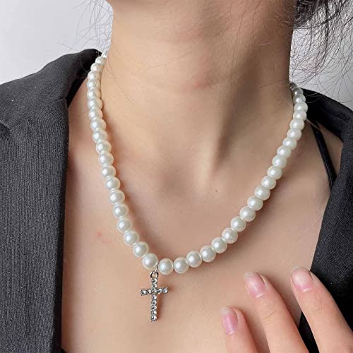 Wendalern Faux Perlenkette Halskette Choker Winzigen Kubischen Zirkonia Kreuz Halskette Nachahmung Perlenkette Kruzifix Halskette Cz Glauben Kreuz Anhänger Halskette Y2k Schmuck Für Frauen Mädchen von Wendalern