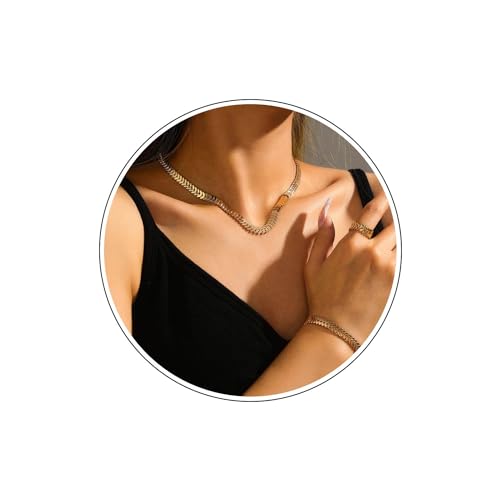 Wendalern Gold Indischen Schmuck Für Frauen Weizen Link Kette Halskette Armband Ring Set Fischgrätenkette Choker Halskette Weizen Kette Armband Link Kette Ring Brautschmuck-Set Für Die Hochzeit von Wendalern