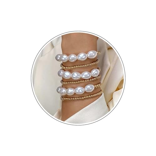 Wendalern Gold Perlen Armbänder Für Frauen Stapelbar Barock Perlen Armbänder Einstellbar Stretch Perle Ball Armbänder Elastizität Perlen Strang Armband Set Hochzeit Schmuck Für Braut von Wendalern