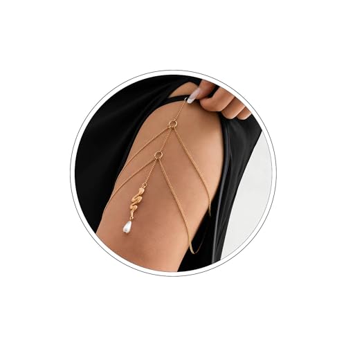Wendalern Gold Schlange Oberschenkel Kette geschichtet Schlange Perle Bein Kette Stretch Schlange Oberschenkel Strumpfband Kette Bikini Körper Kette Rave Party Prom Körperschmuck Zubehör für Frauen von Wendalern