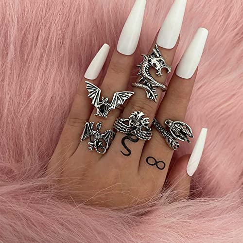 Wendalern Gothic Drachen Ringe Silber Geschnitzte Tier Ringe Vintage Fledermaus Knuckle Ringe Punk Drachen Fingerring Set Schmuck für Frauen und Mädchen von Wendalern