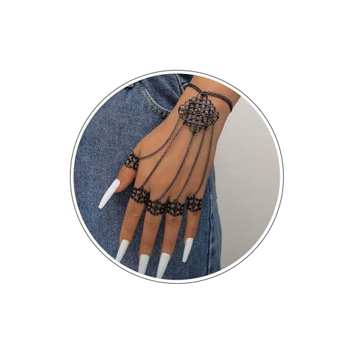 Wendalern Gothic Ring Armband Verstellbar Offene Ringe Handkette Vintage Schwarzes Kettenarmband Mit Fingerringen Modeschmuck Für Damen Mädchen von Wendalern