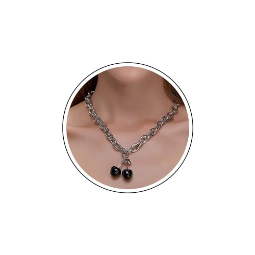 Wendalern Gothic Schwarz Kirsche Choker Halskette Persönlichkeit Kirsche Anhänger Halskette Einstellbar Klobige Kette Knebelverschluss Halskette Silber Kette Ot Schnalle Halskette Schmuck Für Frauen von Wendalern