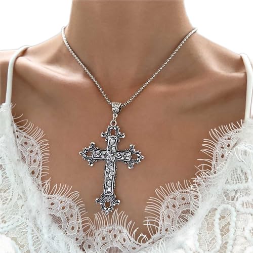 Wendalern Gothic Silber Kreuz Halskette Große Gravierte Blume Kreuz Halskette Vintage Religiösen Kreuz Anhänger Halskette Italienische Box Link Kette Halskette Schmuck Für Frauen Männer von Wendalern