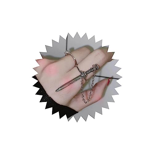 Wendalern Gothic Totenkopf Schwert Ringe Abnehmbarer Schwert Ring mit Kette Punk Silber Kette Finger Ring Vintage Totenkopf Schwert Index Cooler Ring Y2k Schmuck für Frauen Männer von Wendalern