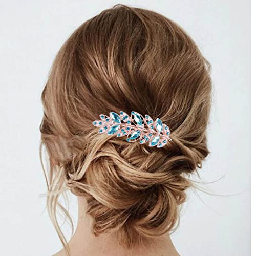 Wendalern Hochzeit Strass Haarspangen Blaues Blatt Haarspange Kristall Haarspangen Kopfbedeckung Gold Cz Blatt Haarteil Dekorativer Haarschmuck für Frauen und Mädchen von Wendalern