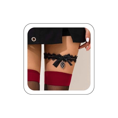 Wendalern Hochzeit Strumpfbänder für die Braut Schwarzes Band Schleife Spitze Strumpfband Gürtel Stretchy Lace Bein Strumpfband mit Oval Cameo Floral Toss Oberschenkel Strumpfband Körper Accessoire von Wendalern