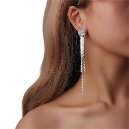 Wendalern Kristall Sleek Kettenohrringe Boho Cz Drop Dangle Ohrringe Silber Strass Quaste Ohrringe Lange Hochzeit Quaste Kette Ohrringe Schmuck für Frauen Mädchen von Wendalern