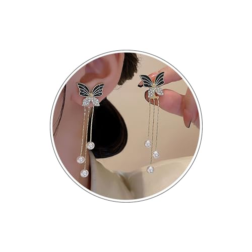 Wendalern Lange Perle Schmetterling Tropfen Ohrringe Kristall Zirkon Schwarz Schmetterlinge Ohrringe Quaste Perle Kette Ohr Jacke Strass Schmetterling Ohrschmuck Schmuck Für Frauen Mädchen von Wendalern
