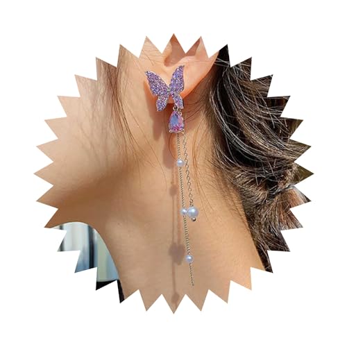 Wendalern Lange Perle Tropfen Ohrringe Funkelnden Cz Diamant Schmetterling Ohrstecker Lila Kristall Träne Baumeln Ohrringe Kleine Perle Schmetterling Aussage Ohrringe Hochzeit Brautschmuck Für Frauen von Wendalern