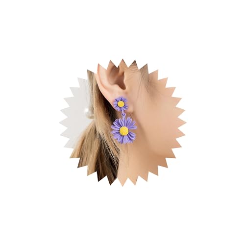 Wendalern Lila Blume Baumeln Ohrringe Doppelte Gänseblümchen Blume Emaille-Ohrringe Boho Metall Blumen Ohrstecker Matte Blume Aussage Ohrringe Brautschmuck Für Frauen Und Mädchen von Wendalern