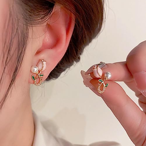 Wendalern Perle Tulpe Ohrstecker Rosa Blume Perle Ohrstecker Kleine Süßwasserperle Tropfen Ohrringe Gold Cubic Zirkonia Perle Blume Ohrringe Hochzeit Ohrringe Trendy Schmuck Für Frauen Mädchen von Wendalern