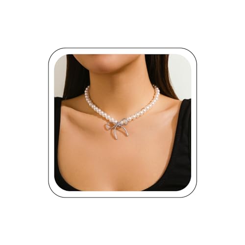 Wendalern Perlen Perlenhalsband Halskette Silber Band Bogen Perlenkette Halskette Rund Nachahmung Perle Strang Halskette Weiße Perle Einzelne Bowknot Aussage Halskette Hochzeit Schmuck Für Frauen von Wendalern