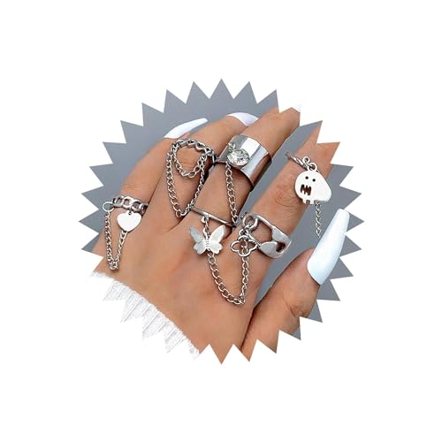 Wendalern Punk Kettenringe Set Geist Schmetterling Herz Charme Ringe Mit Quaste Kette Stapelbar Gliederkette Ringe Vintage Offen Knöchel Fingerringe Y2k Modeschmuck Für Frauen Mädchen von Wendalern