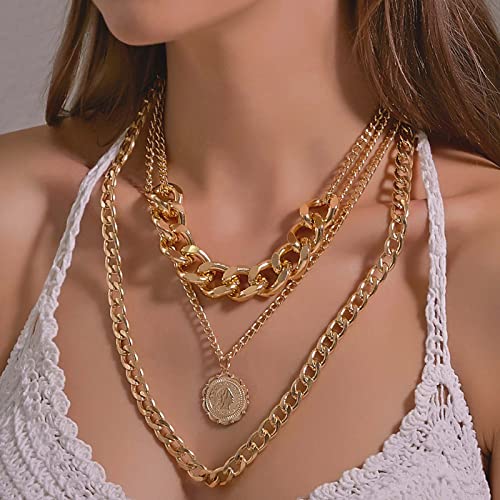 Wendalern Punk kubanische Halskette Geschichtet Coin Choker Halskette Gold Medaillon Anhänger Halskette Mehrschichtige klobige Statement Halskette Kette Schmuck für Frauen Mädchen von Wendalern