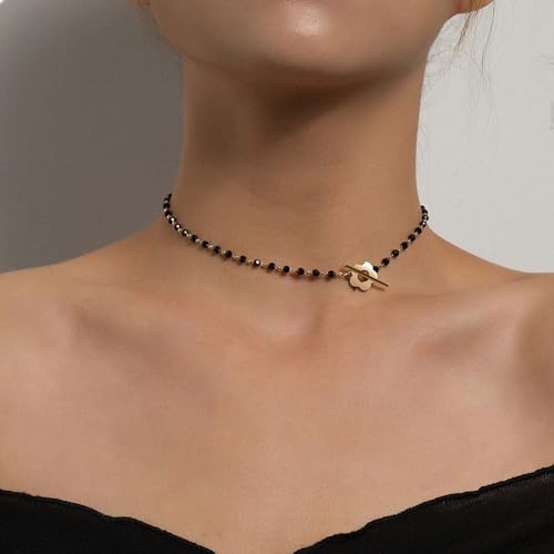 Wendalern Schwarze Kristallglasperlenkette Choker Blume Schlüsselbein Halskette Schmuck für Frauen Teenager Mädchen von Wendalern