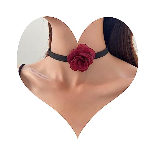 Wendalern Schwarzer Samt Blume Choker Halskette Rote Rose Blume Kragen Halskette Satin Kamelie Blume Lace-up Halskette Gothic Kurz Samt Kette Choker Halskette Cosplay Modeschmuck für Frauen Mädchen von Wendalern