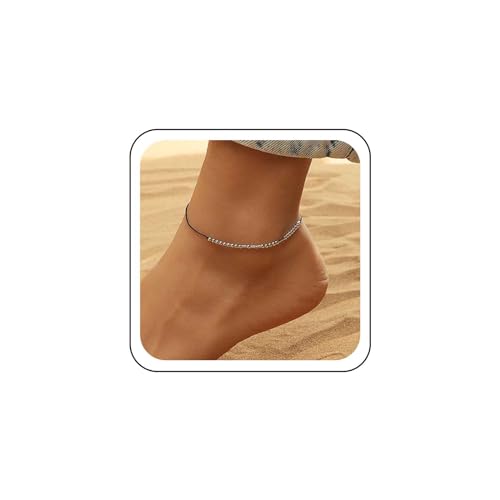 Wendalern Schwarzes Perlen-Knöchelarmband gewebtes Wachsseil Fußkettchen Strand-Morsecode-Alphabet-Fußkettchen wasserdicht verstellbare Knöchelkette Fußschmuck für Frauen und Mädchen von Wendalern