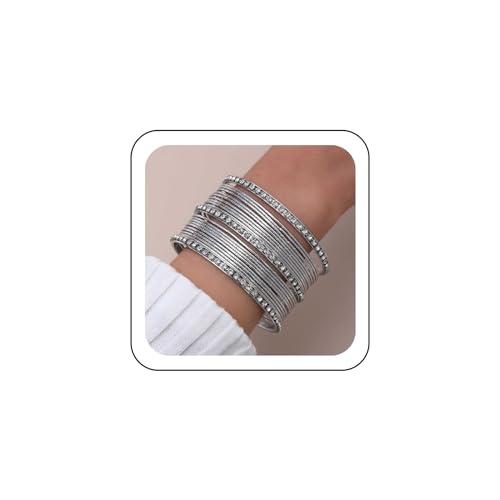 Wendalern Silber-Armreif Set Dünner Kreis Armreif Sammlung Indischen Bollywood Diamant Armreifen Metall Textur Strass Tennis Armband Hochzeit Outfit Schmuck Für Frauen (22 Stück) von Wendalern