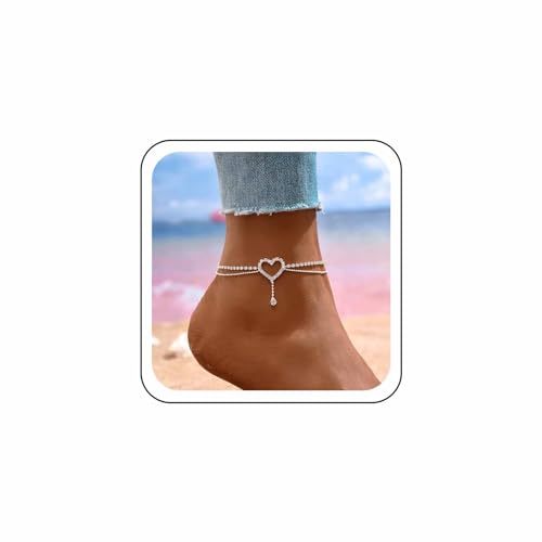 Wendalern Silber Herz Knöchelarmband Diamant Strass Liebe Herz Fußkettchen Geschichtet Perlen Kette Tennis Fußkettchen Sommer Strand Kristall Kette Fußkettchen Fußschmuck Für Frauen Und Mädchen von Wendalern