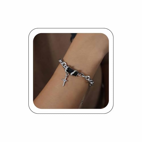 Wendalern Silber Kubanische Gliederkette Armband Für Frauen Schwarzes Rechteck Kristall Armband Geschichtet Panzerkette Stern Charms Armband Cool Jewerly Für Frauen Männer von Wendalern
